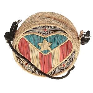 Pola Straw Crossbody Bag Round Puerto Rico Heart Flag Woven Purse Boho Travel PR